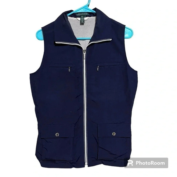LRL Ralph Lauren Active Womens Medium Blue Zip Up Collared Vest Pockets - Picture 1 of 9